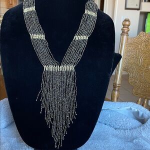 mark. Gold and Black Beaded Fringe Necklace
